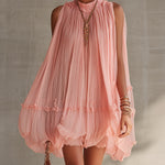 Pink Pleated Chiffon Mini Dress With Ruffled Hem