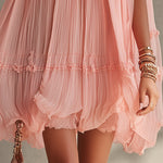 Pink Pleated Chiffon Mini Dress With Ruffled Hem