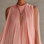 Pink Pleated Chiffon Mini Dress With Ruffled Hem