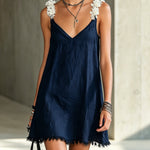 Black V-Neck Mini Dress With Floral Shoulder Straps
