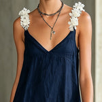 Black V-Neck Mini Dress With Floral Shoulder Straps