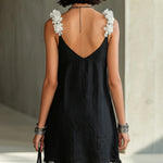 Black V-Neck Mini Dress With Floral Shoulder Straps
