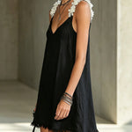 Black V-Neck Mini Dress With Floral Shoulder Straps
