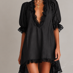 Black Textured Lace Trim Irregular Hem Puff Sleeve Mini Dress