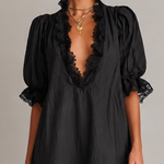 Black Textured Lace Trim Irregular Hem Puff Sleeve Mini Dress