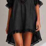 Black Textured Lace Trim Irregular Hem Puff Sleeve Mini Dress