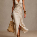 Clemencia | Natural Linen Dress with Crossover Neckline and Lace