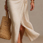Clemencia | Natural Linen Dress with Crossover Neckline and Lace