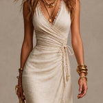 Clemencia | Natural Linen Dress with Crossover Neckline and Lace