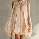 Pink Pleated Chiffon Mini Dress With Ruffled Hem