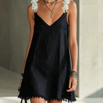 Black V-Neck Mini Dress With Floral Shoulder Straps