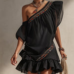 Black Asymmetric Chiffon Embroidered Mini Dress