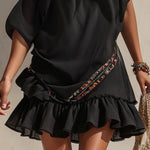 Black Asymmetric Chiffon Embroidered Mini Dress