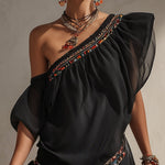 Black Asymmetric Chiffon Embroidered Mini Dress