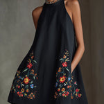 Black Embroidered Halter A-Line Mini Dress