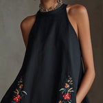Black Embroidered Halter A-Line Mini Dress