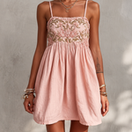 Pink Vintage Embroidered Linen Cotton Mini Cami Dress