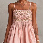 Pink Vintage Embroidered Linen Cotton Mini Cami Dress