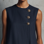 Lucila | Women's Short Dress, Minimalist Professional Style, Navy Blue, with Round Neck, Asymmetrical Buttons, Side Pocket, Sleeveless