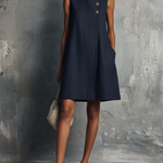 Lucila | Women's Short Dress, Minimalist Professional Style, Navy Blue, with Round Neck, Asymmetrical Buttons, Side Pocket, Sleeveless