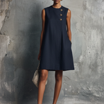 Lucila | Women's Short Dress, Minimalist Professional Style, Navy Blue, with Round Neck, Asymmetrical Buttons, Side Pocket, Sleeveless