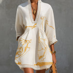 Ivory Gold Print V-Neck Mini Dress With Crochet Trim
