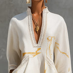 Ivory Gold Print V-Neck Mini Dress With Crochet Trim