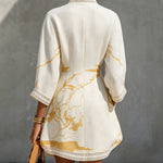 Ivory Gold Print V-Neck Mini Dress With Crochet Trim