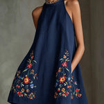 Black Embroidered Halter A-Line Mini Dress