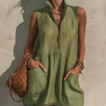 Olive Green Half Zip Linen Blend Mini Dress