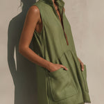 Olive Green Half Zip Linen Blend Mini Dress