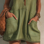 Olive Green Half Zip Linen Blend Mini Dress
