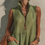 Olive Green Half Zip Linen Blend Mini Dress