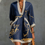 Ivory Gold Print V-Neck Mini Dress With Crochet Trim