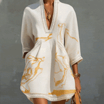 Ivory Gold Print V-Neck Mini Dress With Crochet Trim
