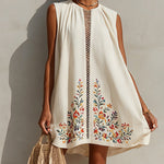 Ivory Sleeveless Embroidered Cotton Linen Mini Dress