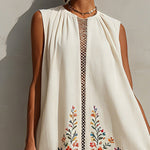 Ivory Sleeveless Embroidered Cotton Linen Mini Dress