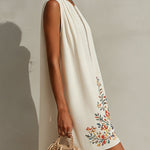 Ivory Sleeveless Embroidered Cotton Linen Mini Dress