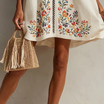 Ivory Sleeveless Embroidered Cotton Linen Mini Dress