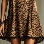 Leopard Print Mini Dress With Lace Trim And Cowl Neck