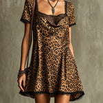 Leopard Print Mini Dress With Lace Trim And Cowl Neck