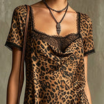 Leopard Print Mini Dress With Lace Trim And Cowl Neck