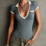 Blue Ribbed Knit Top With Contrast Collar And Deep V-Neck