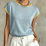 Sky Blue Knit Top with Yellow Trim