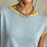 Sky Blue Knit Top with Yellow Trim