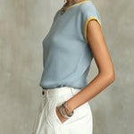 Sky Blue Knit Top with Yellow Trim