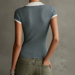 Blue Ribbed Knit Top With Contrast Collar And Deep V-Neck