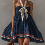 Navy Sheer  Cotton Blend Tie Mini Dress
