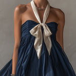 Navy Sheer  Cotton Blend Tie Mini Dress