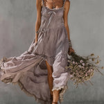 Purple Lace Trimmed Linen Maxi Dress